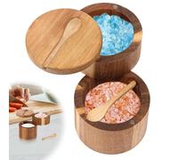 WAMEITF Acacia Wood Salt Cellar 2 Layer, Salt Container with Built in Spoon and Magnetic Swivel Lid, Double Layer Storage Small Wooden Box for Sugar, Pepper, Nuts, Dried Fruits, Ewelry