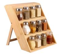 WAMEITF Bamboo 3 Tier Step Shelf Storage Holder, Non-Slip, Foldable Bamboo Spice Rack, hold up to 18, Standing Seasoning Shelf for Home Kitchen Countertop Cabinet Drawer Jars Not Included