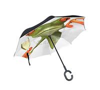 Wamika Frog Champagne Inverted Umbrella Green Animal Double Layer Reverse Umbrella Windproof Self- Standing UV Protection Non-Auto Big Straight Upside Down Umbrella C-Shaped Handle for Car Rain