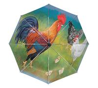 Wamika Rooster Chickens Painting Automatic Umbrella Green Grass Animal Windproof Waterproof UV Protection Travel Umbrella - 3 Folds Auto Open/Close Button Sun&Rain Car Umbrella