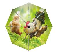 Wamika Rooster Chickens Range Cock Automatic Umbrella Green Grass Animal Windproof Waterproof UV Protection Travel Umbrella - 3 Folds Auto Open/Close Button Sun&Rain Car Umbrella