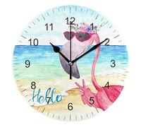 Wamika Wall Clock Pink Flamingo Beach Sea Summer Flowers Silent Non Ticking Round Clocks, Flamingos Birds Ocean Floral Clocks 10 Inch Battery Operated Quartz Quiet Desk Clock for Home Office