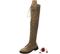WAMIZEU Women's Over The Knee Low Heel Lace up Tall Boots Side Zipper Round Toe Combat Casual Faux Suede Thigh High Riding Boots Footwear Trendy UK (Khaki,43EU)