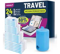 WANALIT Vacuum Storage Bags for Travel, 24 Pack (6L+6M+6S+6XS) with Wireless Rechargeable Electric Pump, Space Saving Bags for Clothes, Luggage, Carry-on Suitcase, Backpack