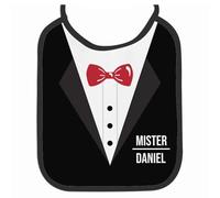 Wanapix | Personalised Adult Bib | Funny Waiter Suit Design | Large White Bib with Customisable Name | With Neck Ties | Black Trim | Humorous Bib