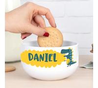 Wanapix | Personalised Breakfast Bowl with Handle | Ceramic Breakfast Bowl | Microwave and Dishwasher Safe | Dinosaur