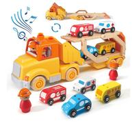 Wanborns Toddler Car Toys for 2 3 4 5 Years Old Kids, Transport Carrier Truck Toy with 4 Wooden Vehicle, 60cm Foldable Track Trailer with Light & Sound Effects