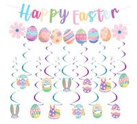 Wanciler 14 PCS Happy Easter Hanging Swirls Decorations Colorful Egg Bunny Ceiling Swirl Streamers with Happy Easter Banner for Spring Festival Home Office Party Supplies