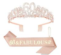 Wanciler 60th Birthday Sash and Tiara for Women 60 and Fabulous 60 Birthday Tiara and Satin Sash Set for 60th Birthday Party Supplies (Rose Gold)
