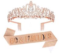 Wanciler Birthday Sash & Rhinestone Tiara Set, 60th Birthday Tiara and Sash for Women, 60 and Fabulous Rose Gold Birthday Party Supplies