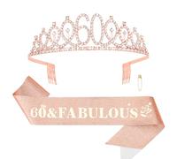 Wanciler Birthday Sash & Rhinestone Tiara Set, 60th Birthday Tiara and Sash for Women, 60 and Fabulous Rose Gold Birthday Party Supplies