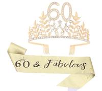 Wanciler Rhinestone Tiara & Fabulous Sash Set - 60th Birthday Tiara and Sash for Women, Gold Leaf Birthday Party Supplies
