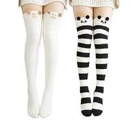 Wander G Womens Over Knee High Fuzzy Socks Cute Cartoon Thigh High Stockings Warm Stripe Leg Warmers, Black/White, One Size