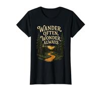Wander Often Wonder Always Hiking Adventure Forest Path Value Graphic T-Shirt, Women, Black, S