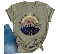 Wander Women Mountain Camping T-Shirt Summer Camping Hiking Vacation Shirts Teen Girls Funny Forest Camper Tees Tops, Green, L