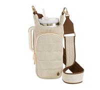 WanderFull HydroBag® HANDLE, Zipper for Handle, 40 oz Water Bottle Holder w/Strap, Crossbody Water Bottle Carrier Bag w/Phone Pocket, Tumbler Accessories - Oatmeal Canvas w/Vegan Leather Trim Strap