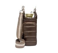 WanderFull Original HydroBag | Quilted Water Bottle Holder with Strap | Tote Bottle Carrier Crossbody Bag with Pockets | Carry 32 oz Water Bottle, Tumbler, Phone, Purse | Shiny Brown, Patterned Strap