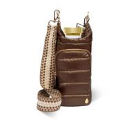 WanderFull Original HydroBag | Quilted Water Bottle Holder with Strap | Tote Bottle Carrier Crossbody Bag with Pockets | Carry 32 oz Water Bottle, Tumbler, Phone, Purse | Shiny Brown, Patterned Strap
