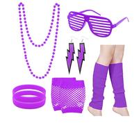 WanderGo 10Pcs 80s Accessories for Women, 80s Fancy Costume Accessories Set with Retro Neon Rosy Necklace Earring Glasses Bracelets Gloves Leg Warmers for World Book Day Costume(Purple)