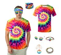 WanderGo 6 Pcs Hippie Costume For Men, 80s Fancy Dress Men With Colourful T-Shirt, Peace Necklace, Hippie Sunglasses, Headband, Bracelet, Necklace, For All Kinds Of Festive Gatherings.