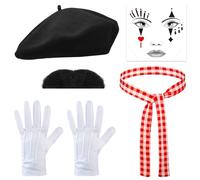 WanderGo 6 pcs Mime Costume, Fancy Dress Costume, set includes black beret, red scarf, white gloves, face tattoos and black moustache, themed festive dress up