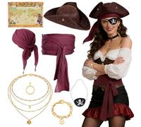 WanderGo 8-Piece Pirate Costume Set - Pirate Costume Women Pirate Hat, Eye Patch, Necklace, Earring, Bracelet, Waist Scarf, Headscarf & Treasure Map - Halloween, Fancy Dress, Cosplay, Carnival