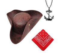 WanderGo Brown Pirate Hat with Red Scarf & Black Anchor Necklace for Adults, Pirate Costume Accessories for Men & Women, Tricorn Hat Fancy Dress, Halloween Party, Cosplay & Role Play