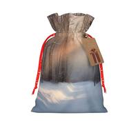 Wandering in the winter light Printed Christmas Drawstring Bags Reusable Xmas Bag for Party Xmas Gift Wrapping, Red Ribbon, S
