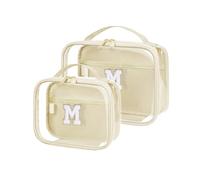 Wandering Nature Clear Makeup Bags 2 Pack Personalized Initial Makeup Pouch Preppy Small Cosmetic Pouch Organizer Travel Toiletry Bag, Birthday Gifts for Girlfriend Women, Beige, M