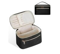 Wandering Nature Makeup Bag, Travel Make Up Organizer Cosmetic Brush Bags Case for Women in Eco Vegan Leather, Black Fabric with Divider, M, Stylish