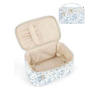 Wandering Nature Makeup Bag, Travel Make Up Organizer Cosmetic Brush Bags Case for Women in Eco Vegan Leather, Blue Flower Quilted Fabric, M, Stylish