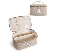 Wandering Nature Personalized Initial Makeup Bag with Glitter Chenille Letter Patch Puffy, Beige-A, A