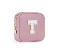 Wandering Nature Personalized Mini Initial Makeup Bag with Glitter Chenille Letter Patch, Small Preppy Makeup Bag with Slip-In Pockets, Ideal Gift for Valentine's Day Mother's Day (Patent Pending),