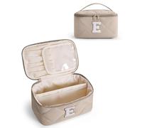 Wandering Nature Puffer Initial Makeup Bag, Personalized Travel Make Up Organizer Cosmetic Bags with Brush Holder and Divider, Gift with Chenille Letter for Moms, Wives, Girlfriend, Besties, Beige, E