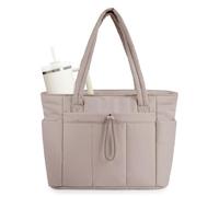 Wandering Nature Puffer Tote Bag with Cup Holder & Laptop Compartment & Trolley Sleeve for Travel, Work, Nurse, Women, 02-beige, L