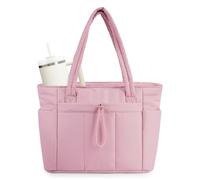 Wandering Nature Puffer Tote Bag with Cup Holder & Laptop Compartment & Trolley Sleeve for Travel, Work, Nurse, Women, 03-pink, L