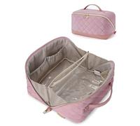 Wandering Nature Travel Makeup Bag,Wide-Open Make up Bag with Large Capacity,Quilted Makeup Organizer Bag, Open Flat Toiletry Bag for Women Cosmetic Pouch with Divider and Handle,Patent Pending, Pink,