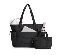 Wandering Nature Work Tote Bag with Cup Holder, Nurse Bag 2 Set, 15.6" Laptop Compartment & Trolley Sleeve for Women, Travel, Black, L, Tote Bag for Women