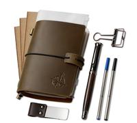 WANDERINGS Pocket Notebook Bundle - 10x13cm (4" x 5.1") - Small, Passport Size Refillable Travelers Notebook - Includes a Pen Holder with a Pen and 2 Extra Ink Refills, a PVC Folder, a Binder Clip