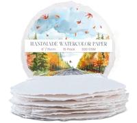 Wanderings Thick Handmade Round Watercolour Paper with Deckle Edge - 300gsm - Premium White Hot Press Textured Circle Paper - Recycled Cotton Mixed Media Paper Circles - 15 Loose Leaf Sheets - 15.2 Cm