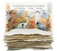 Wanderings Thick Handmade Watercolour Paper with Deckled Edge - 28x43 Cm - 500gsm Premium Ivory Cold-Pressed Textured Mixed Media Paper Made with Recycled Cotton - 15 Loose Leaf Sheets