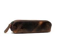 WANDERINGS Vintage Leather Pencil Pouch Case - 7" / 18 cm Round - Hand Crafted Brown Leather Zipper Pouch - Pencil Case Holder for Men & Women - Travel Makeup, Jewelry & Purse Bag