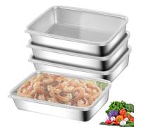 WANDGU 4ps Stainless Steel Food Storage Box with Lid: 25.5 × 20 × 5.5 cm Set of 4 Fresh Food Boxes, Stackable Stainless Steel Box for Sausage and Cheese Meat, Dishwasher Freezer