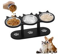 WANDGU Raised Cat Bowl: Cat Feeding Station with 3 Stainless Steel Bowls & Wooden Stand - Height-Adjustable Ergonomic Feeding Bowl Solution for Cats and Small Dogs, 15° Tilted Anti-Vomiting Design