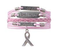 WANDIC 1 Set October Cancer Pink Ribbon Bracelet, Breast Cancer Awareness Lobster Buckle Bracelet with Metal Ribbon Pendant Survivor Gift for Women