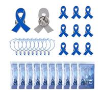 WANDIC 10 Set Blue Ribbon Badges,Colon Cancer Prostate Cancer Awareness Metal Pin, Adjustable Drawstring Bracelet with Charm Text Card, for Public Events