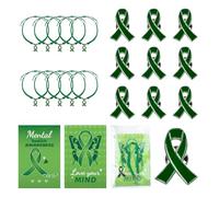 WANDIC 10 Sets Green Ribbon Badges, LiverCancer Mental Health Organ Transplantation Awareness Metal Pins, Adjustable Drawstring Bracelet with Charm Text Card for Charity Event
