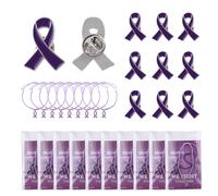WANDIC 10 Sets Purple Ribbon Brooches Badges, Alzheimer's Disease Domestic Violence Awareness Metal Pins, Adjustable Drawstring Bracelet with Charm Text Card for Charity Event