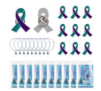 WANDIC 10 Sets Teal & Purple Ribbon Badges,Preventing Suicide Sexual Assault Awareness Metal Pins Adjustable Drawstring Bracelet with Charm Text Card, for Public Activities