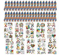 WANDIC 100 PCS Autism Ribbon Awareness Kit,Polyester Ribbon Satin Pins 20 Sheets Colorful Puzzle Pieces Ribbon Temporary Tattoo Stickers for Charity Event